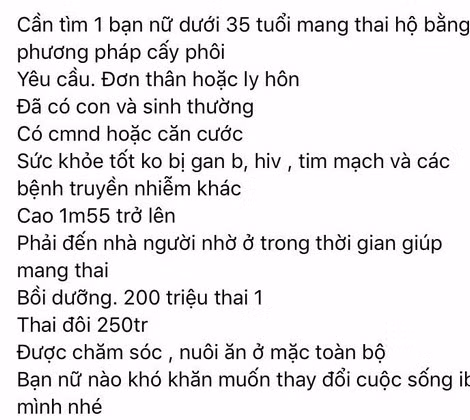 Đăng tìm người mang thai hộ công khai trên mạng xã hội.