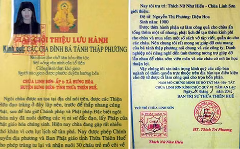 Giấy giới thiệu giả nhà chùa Linh Sơn