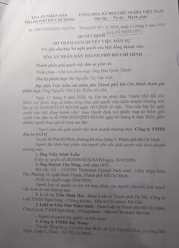 Quyết định của Tòa án nhân dân TP Hồ Chí Minh tuyên Công ty SATO thắng kiện.