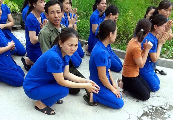 Nhiều cô giáo quỳ bên xe ô tô của Đoàn thanh tra.