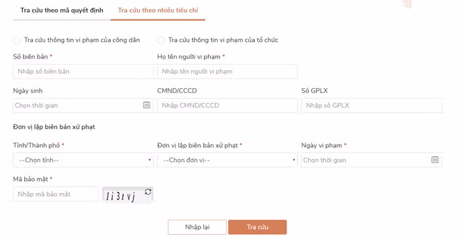 2. Trong mục “Tra cứu/Thanh toán vi phạm giao thông” sẽ yêu cầu người nộp phạt khai báo thông tin về: số biên bản, họ tên người vi phạm, đơn vị lập biên bản xử phạt, tỉnh, thành phố và ngày vi phạm.