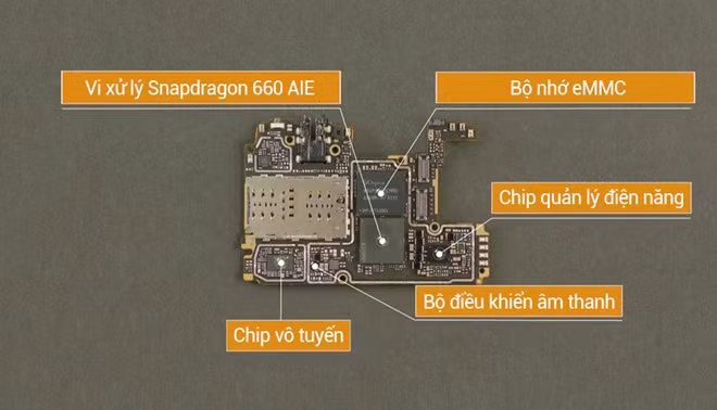 Và đây là "Trái tim" mang tới hơi thở, nhịp đập mạnh mẽ cho chiếc Redmi Note 7 với bộ vi xử lý Snapdragon 660 của Qualcomm và nhiều linh kiện quan trọng khác như bộ nhớ eMMC, Chip vô tuyến...