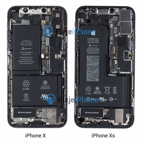 Bảng mạch cùng các linh kiện được so sánh giữa iPhone Xs và iPhone X.