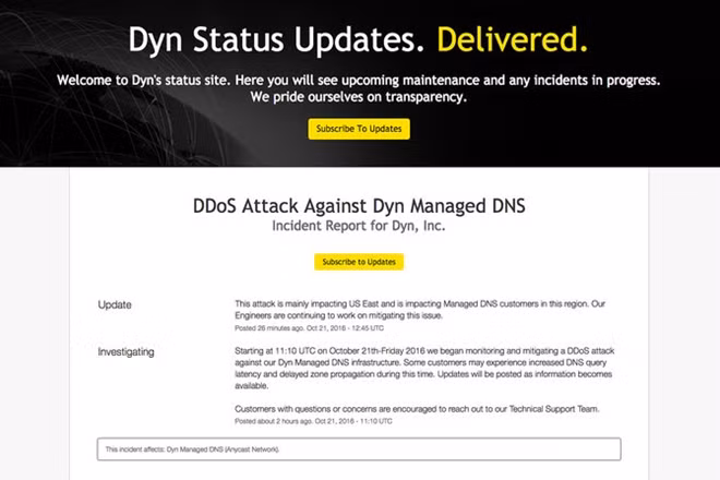 Cảnh báo của Dyn trên website về loạt vụ tấn công mạng. Ảnh: The New York Times