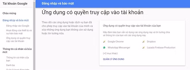 Danh sách các ứng dụng được người dùng cấp phép truy cập thông tin tài khoản được liệt kê tại đây.