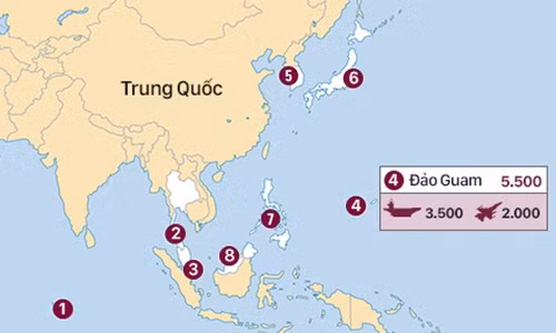 Bố trí quân lực của Mỹ xung quanh Biển Đông. Đồ họa: Việt Chung