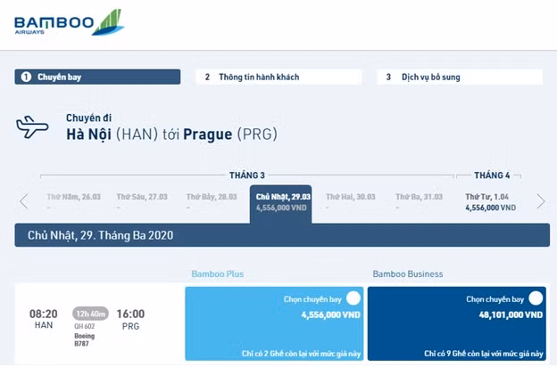 Hành khách có thể mua vé khởi hành từ mọi sân bay Việt Nam nằm trong mạng đường bay của Bamboo Airways để bay thẳng đến Cộng hòa Séc. Hành khách có thể mua vé khởi hành từ mọi sân bay Việt Nam nằm trong mạng đường bay của Bamboo Airways để bay thẳng đến Cộng hòa Séc.