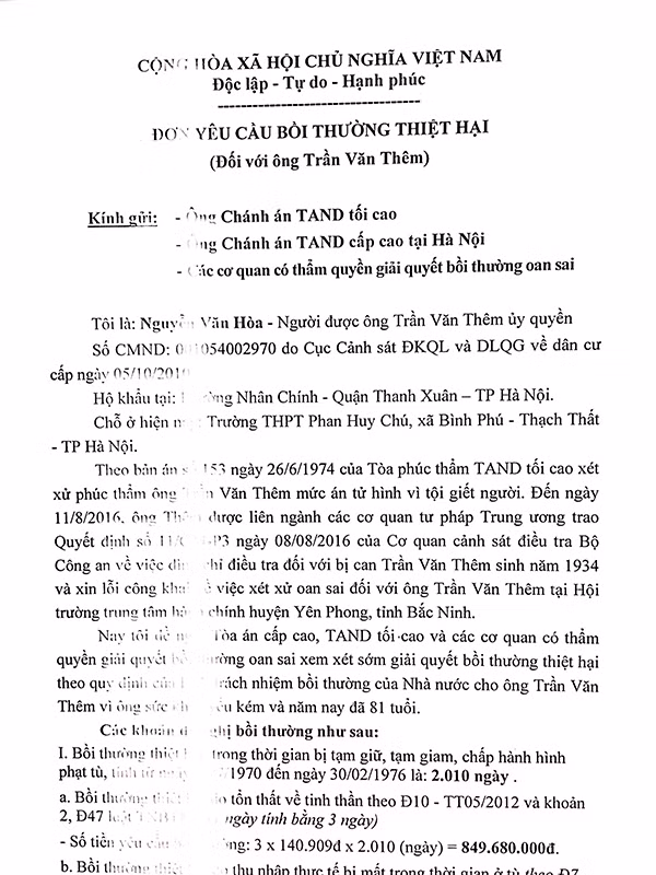 Đơn yêu cầu bồi thường oan sai của ông Thêm.