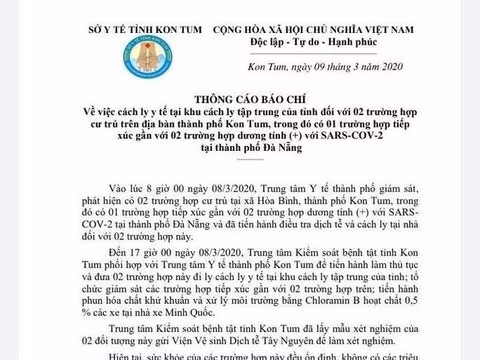 Thông cáo báo chí của Sở Y tế Kon Tum về việc cách ly 2 trường hợp.