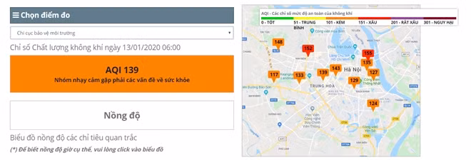 Chỉ số AQI chất lượng không khí Hà Nội ghi nhận vào thời điểm 6h sáng 13-1.