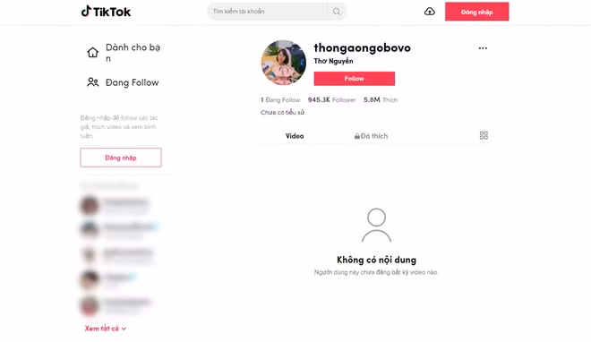 Toàn bộ video trên kênh TikTok Thơ Nguyễn đã biến mất.