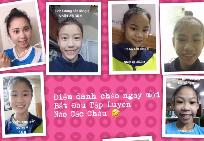 Các thành viên đội thể dục nghệ thuật Hà Nội điểm danh trước buổi tập trực tuyến với HLV Nguyễn Thu Hà
