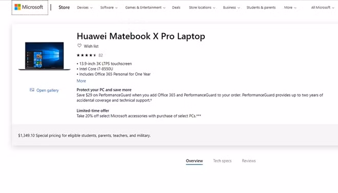 Mẫu máy tính xách tay của Huawei trở lại với trang bán lẻ của Microsoft.