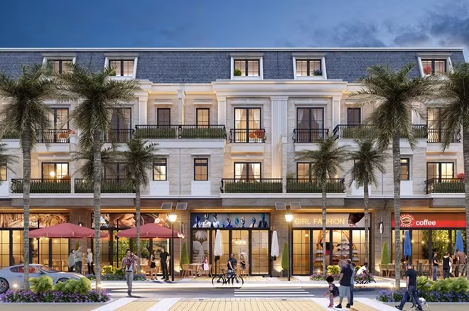 Toàn bộ mặt ngoài mỗi căn shophouse 5 sao tại Regal Pavillon được ốp full đá Marble Travertine nhập khẩu Tây Ban Nha.