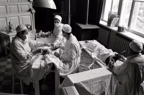 Ngày 24 tháng 9 năm 1958 ngay tại Viện y tế Moscow đã diễn ra ca ghép đầu giữa một con cún và chó trưởng thành, và người thực hiện là ông Vladimir Demikhov. Ảnh nguồn: Bettmann / Getty Images
