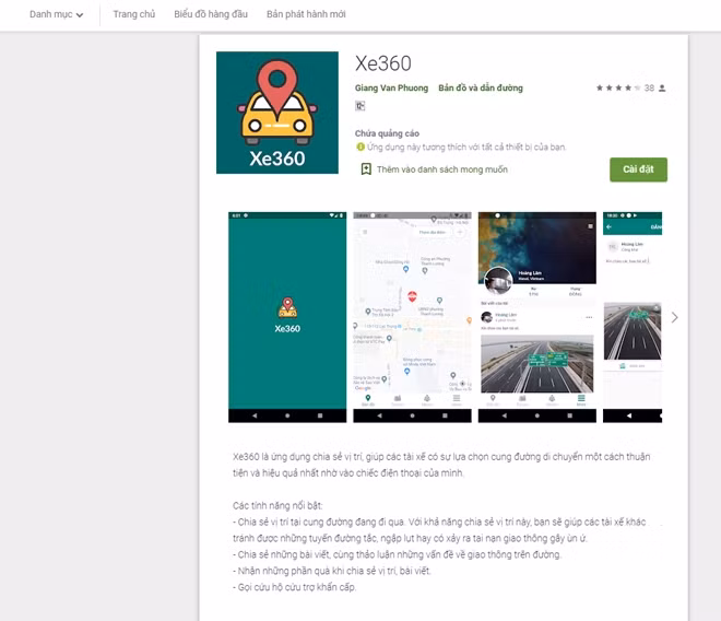 Ứng dụng Xe360 trên chợ ứng dụng Google Play của Android.