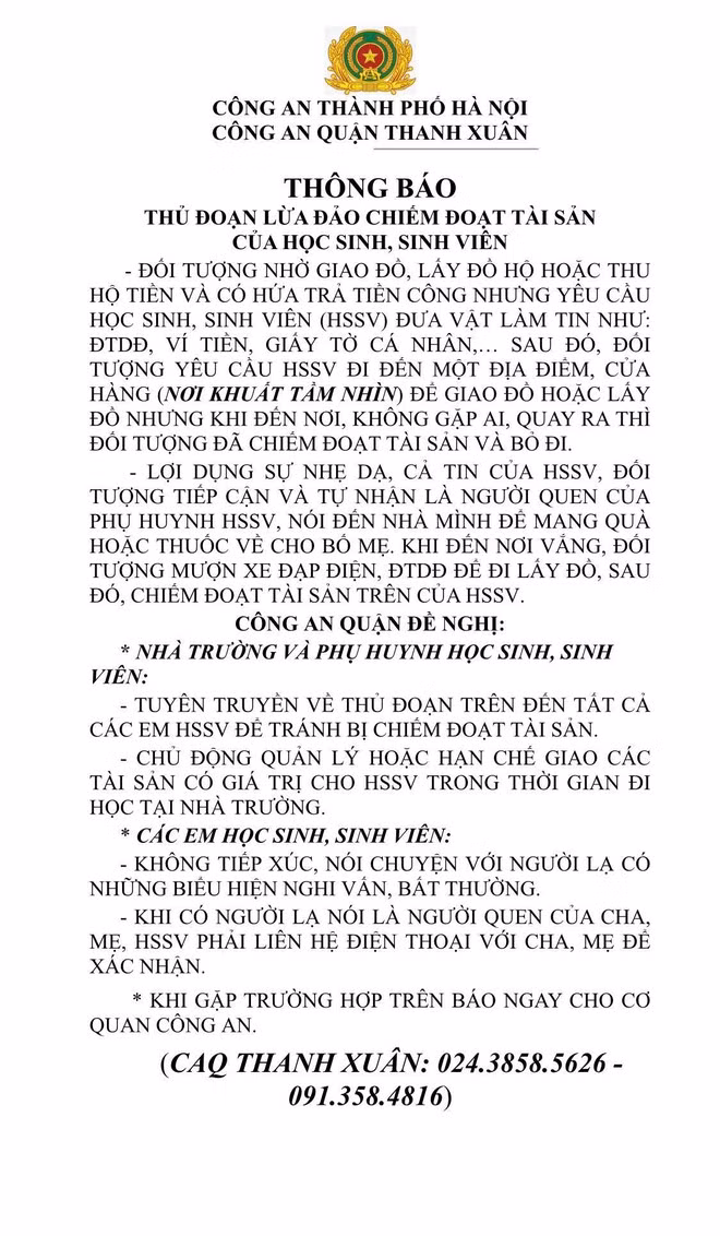 Công an quận Thanh Xuân thông báo thủ đoạn lừa đảo chiếm đoạt tài sản học sinh, sinh viên