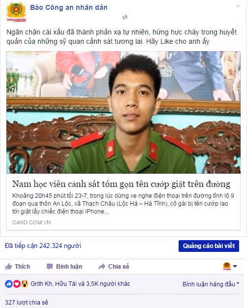 Hành động dũng cảm của Lê Hữu Trung được đăng tải lên Fanpage báo CAND điện tử.
