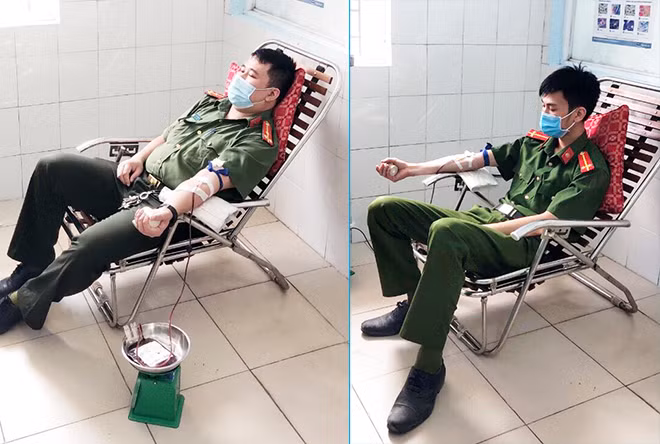 Các đồng chí Thượng úy Bùi Anh Tuấn và Trung úy Nguyễn Thanh Tuấn hiến máu cứu sản phụ