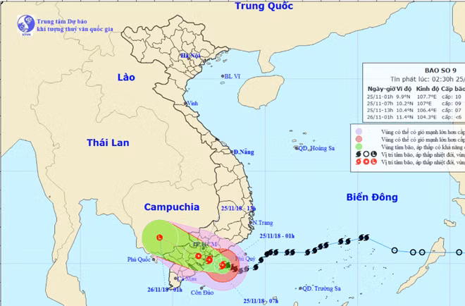 Đường đi và vị trí của cơn bão số 9 (ngày 25-11).