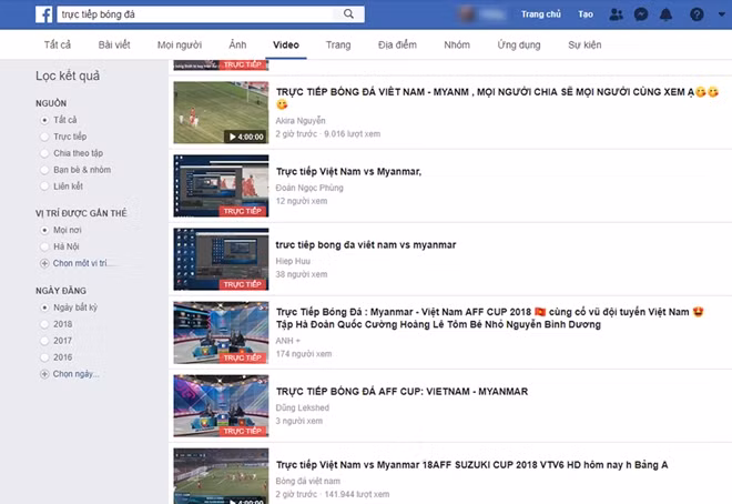 Kết quả tìm kiếm trên Facebook vẫn tràn lan livestream lậu bóng đá trận U23 Việt Nam gặp U23 Myanmar tối 20-11.