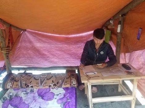Vì điều kiện khó khăn, một sinh viên người Mông đã dựng lều giữa lưng chừng núi để bắt 3G học trực tuyến.