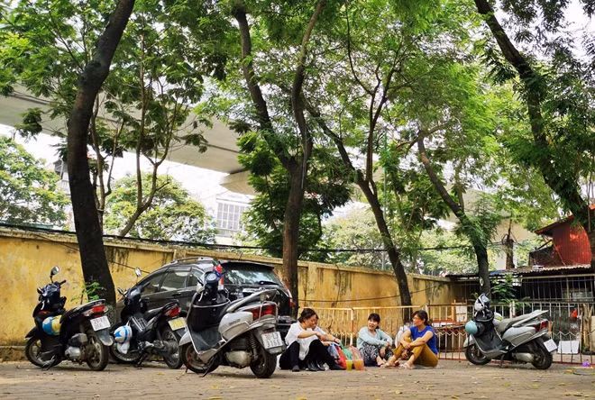 Thời tiết không quá chiều lòng các sĩ tử trong ngày thi hôm nay khi nhiệt độ ngoài trời lên tới 36 - 37 độ C. Sự oi bức, ngột ngạt có thể cảm nhận rất rõ khi ngồi bên ngoài trời. Cũng chính bởi vậy mọi vị trí có bóng cây xanh đều được các phụ huynh tranh thủ làm nơi nghỉ chân chờ con em thi.