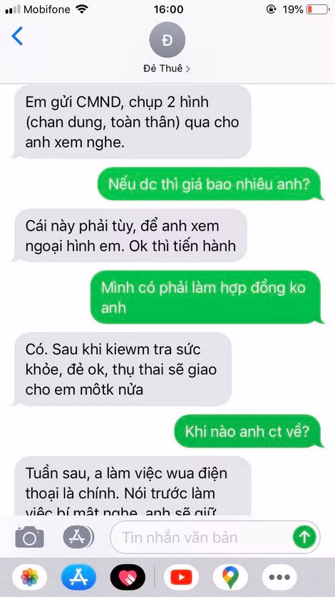 "Cò" L. trao đổi với nội dung mang thai hộ qua tin nhắn điện thoại.