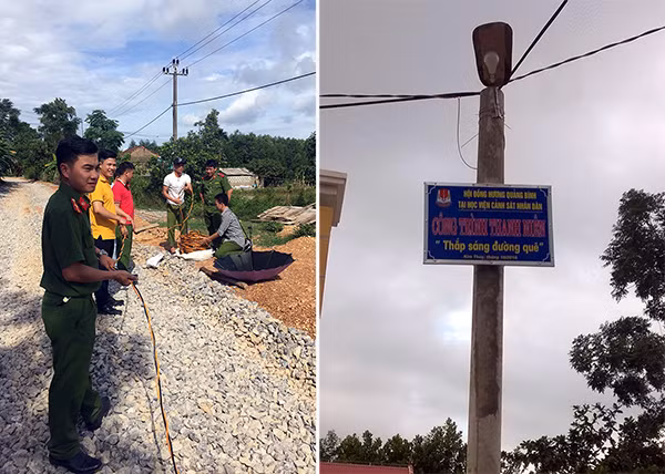 Những người thợ điện không chuyên là học viên Học viện CSND với công trình "Thắp sáng đường quê" tại bản Cây Bông, xã Kim Thủy, huyện Lệ Thủy, Quảng Bình.