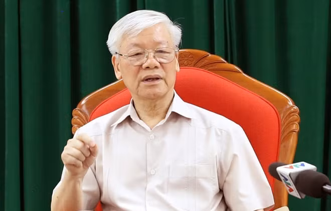 Tổng bí thư Nguyễn Phú Trọng tại cuộc họp của lãnh đạo chủ chốt Đảng, Nhà nước ngày 14-5. Ảnh: TTX