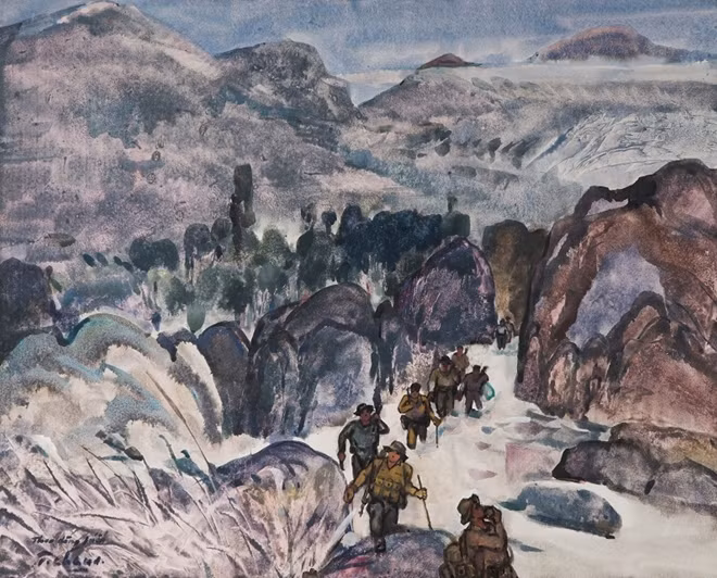 Đường Trường Sơn theo dòng suối, 1995 - Thuốc nước trên giấy, 64 x 80 cm – Họa sĩ Nguyễn Thanh Châu.