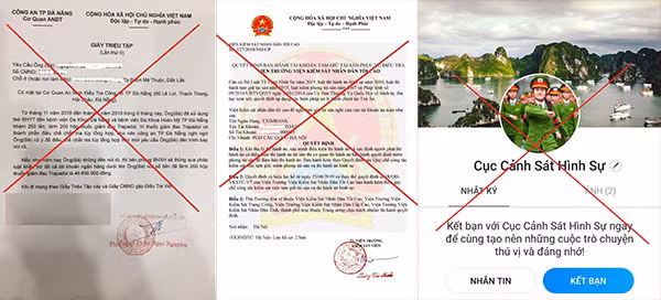 Giấy triệu tập giả mà các đối tượng gửi cho nạn nhân; Quyết định giả; Tài khoản Zalo giả mạo của Cục Cảnh sát hình sự.