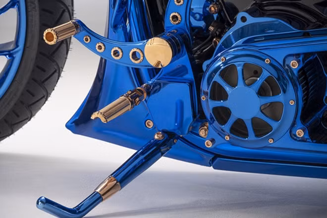 Trục cam, van điều khiển và van tiết lưu được mạ vàng của Harley-Davidson Blue Edition Bucherer tất cả đều được phơi sáng qua đèn LED nhiệt. Xe được gắn thêm túi da bò thật, được đặt may thủ công từ Thụy Sĩ.