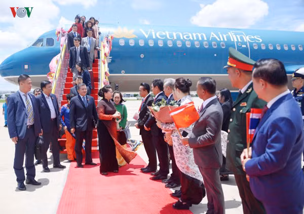 Chủ tịch Quốc hội chào hỏi đại diện Thái Lan và Việt Nam đón bà tại sân bay.