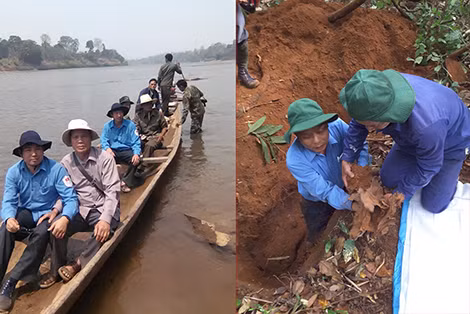 Đội quy tập vượt sông Mê Kông vào địa bàn tìm hài cốt liệt sĩ; Đội quy tập xúc động, nâng niu hài cốt liệt sĩ vừa tìm được.