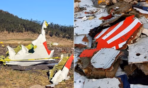 Hiện trường vụ rơi máy bay ở Ethiopia ngày 10-3-2019 (trái) và mảnh vỡ máy bay Indonesia ngày 29-10-2018.