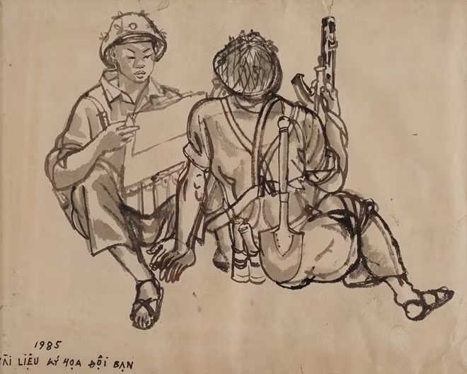 Tài liệu kí họa đội bạn, 1985 - Màu nước trên giấy, 39 x 31 cm – Họa sĩ Đào Đức.