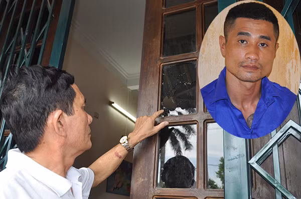 Đối tượng Hưng (ảnh nhỏ) và cửa kính nhà ông Lân bị vỡ bởi đạn bắn vào. Đối tượng Hưng (ảnh nhỏ) và cửa kính nhà ông Lân bị vỡ bởi đạn bắn vào.