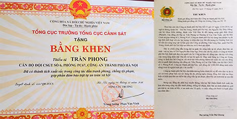 Bằng khen, thư khen của Bộ trưởng Bộ Công an tặng Trung tá Trần Phong. Bằng khen, thư khen của Bộ trưởng Bộ Công an tặng Trung tá Trần Phong.