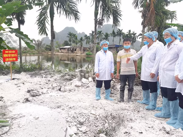 Đoàn kiểm tra động viên và hướng dẫn người chăn nuôi vệ sinh khử trùng khu chôn lấp lợn chết dịch.