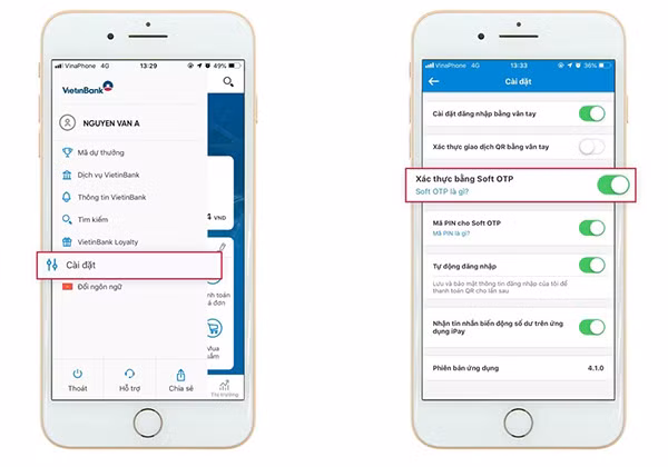 Khách hàng đăng ký Soft OTP trên VietinBank iPay Mobile (Mục cài đặt) để sử dụng giải pháp xác thực mới.