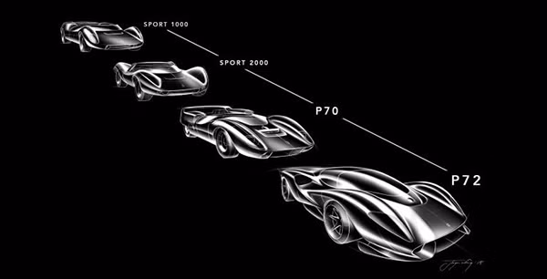 De Tomaso cho biết siêu xe P72 lấy cảm hứng thiết kế từ các mẫu xe thể thao của hãng cách đây 60 năm, gồm Sport 1000, Sport 2000, Sport 5000 và P70.