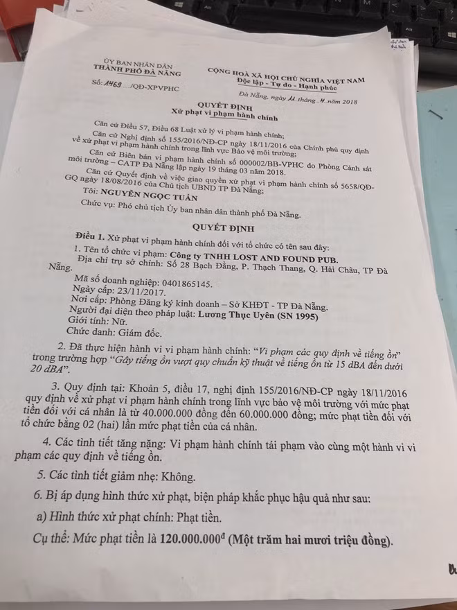 Quyết định xử phạt của UBND TP. Đà Nẵng đối với quán Bar Lost and Found vì Vi phạm các quy định về tiếng ồn.