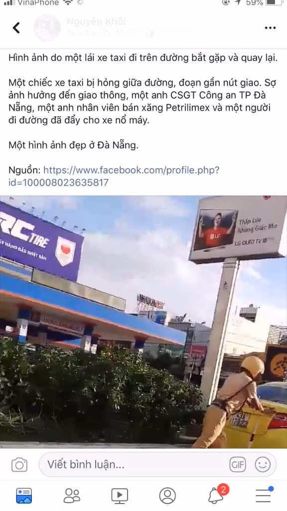Hình ảnh trên trang facebook đăng tải bài viết khen ngợi về hành động đẹp của chiến sĩ CSGT giúp tài xế taxi gặp nạn khi đang làm nhiệm vụ tuần tra kiểm soát (TTKS) trên đường.