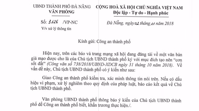 Công văn khẩn của UBND TP. Đà Nẵng yêu cầu lực lượng Công an và các ngành chức năng vào cuộc làm rõ đối tượng giả mạo văn bản, chữ ký của lãnh đạo thành phố.