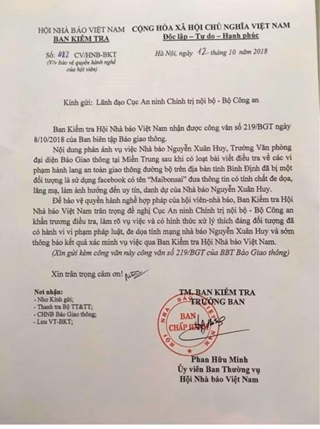 Công văn của Hội Nhà Báo Việt Nam gửi Cục An ninh Chính trị nôi bộ - Bộ Công an về vụ việc phóng viên Báo GTVT bị vu khống, đe dọa tính mạng.