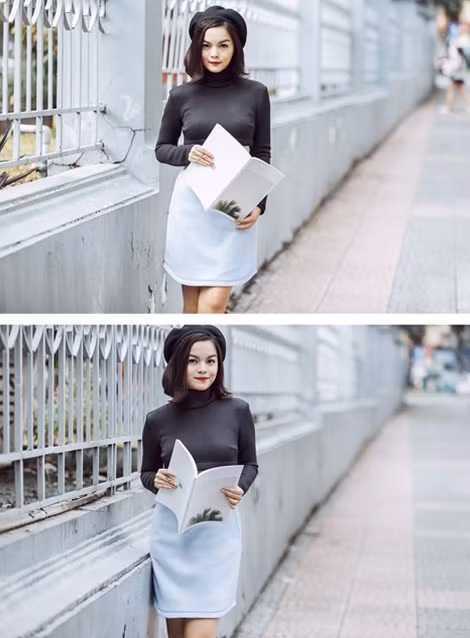 Sang ngày thứ 3, Phạm Quỳnh Anh trẻ trung xuống phố với áo crop top cổ lọ kết hợp cùng váy màu pastel và nón bánh tiêu tinh nghịch.
