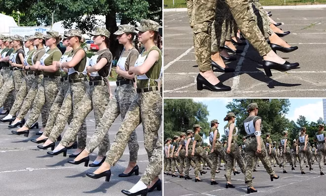 Nữ quân nhân Ukraine đi giày cao gót tập duyệt binh tại Kiev. Ảnh: BQP Ukraine.
