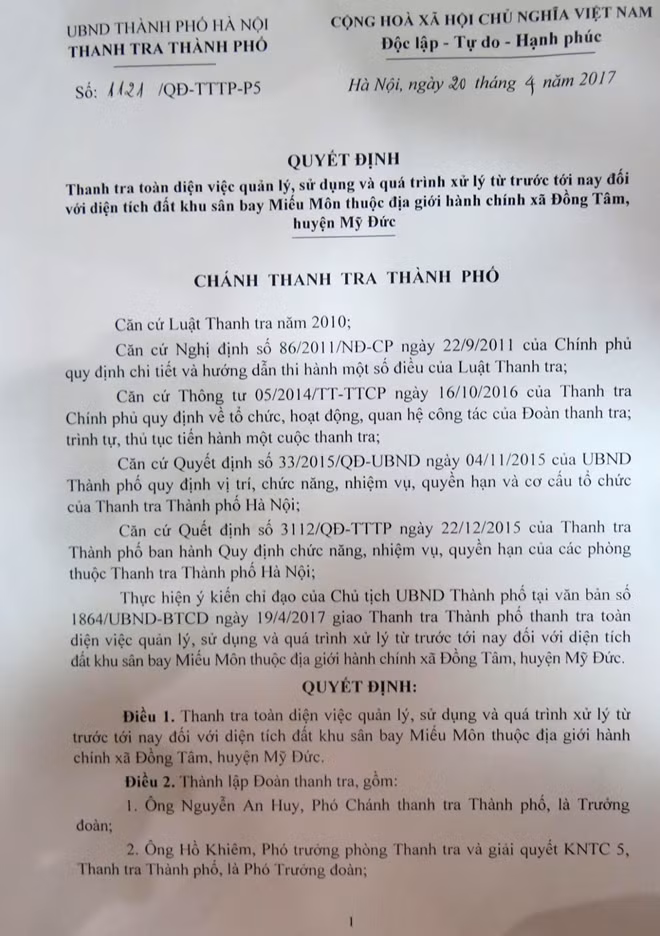Quyết định thanh tra toàn diện việc quản lý, sử dụng đất đai và quá trình sử dụng từ trước đến nay khu vực đất sân bay ở Miếu Môn, thuộc địa giới hành chính xã Đồng Tâm, huyện Mỹ Đức