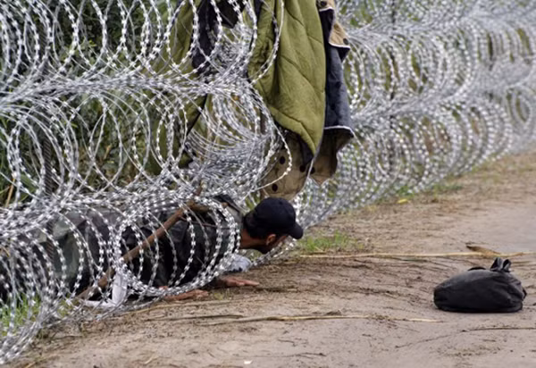 Một người di cư trườn qua hàng rào kim loại gần làng Roszke tại biên giới Hungary - Serbia ngày 26/8.
